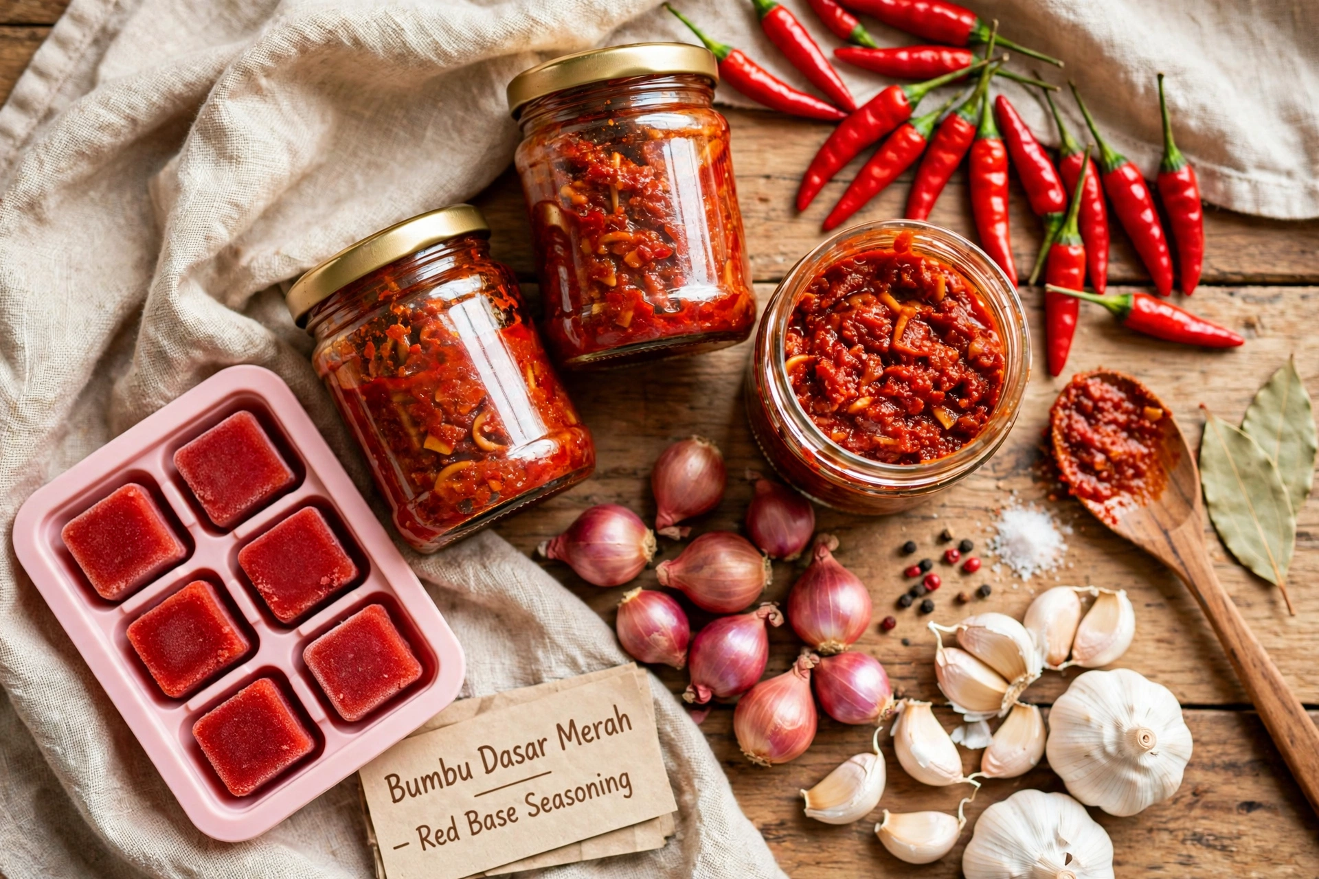 Stok bumbu dasar merah dalam wadah kaca dan cetakan es untuk masak cepat seminggu