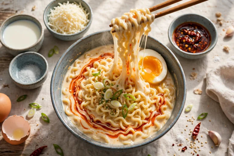 Mie instan creamy viral kuah susu keju dengan chili oil dan telur setengah matang